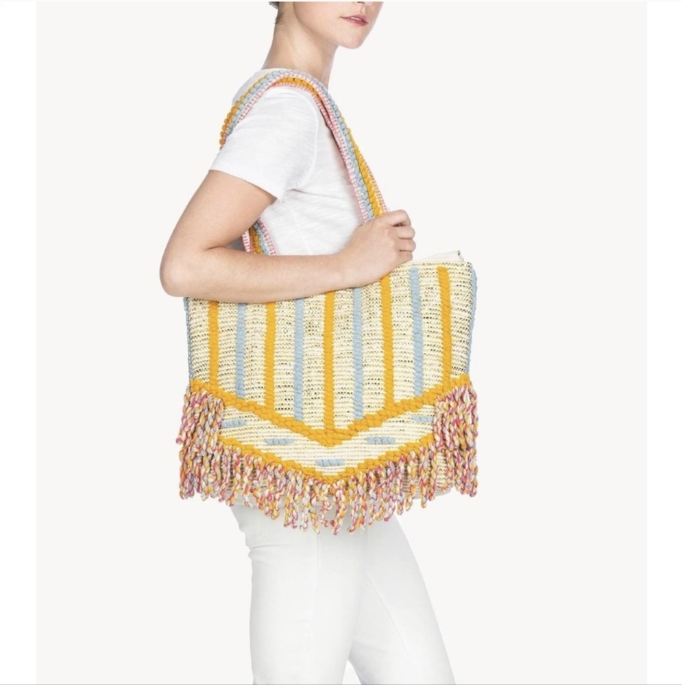 Lilla P Woven Rope Fringe Tassel Tote Bag In Saffron/Light Blue